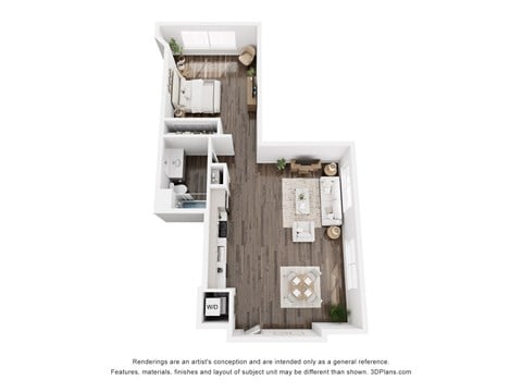 Floor plan for 1 bed, 1 bath, 652 sqft